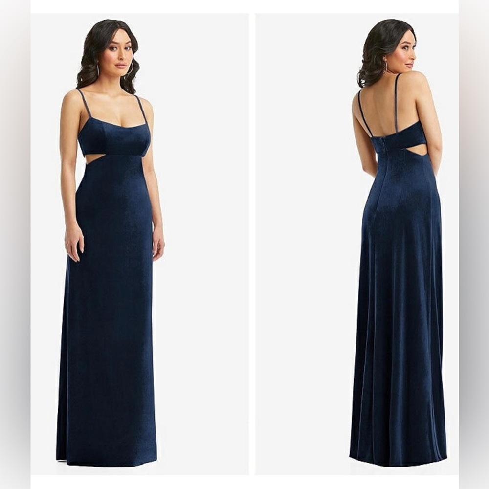 Navy velvet dress, cut out sides, long leg slits, stretch, tie open back, long